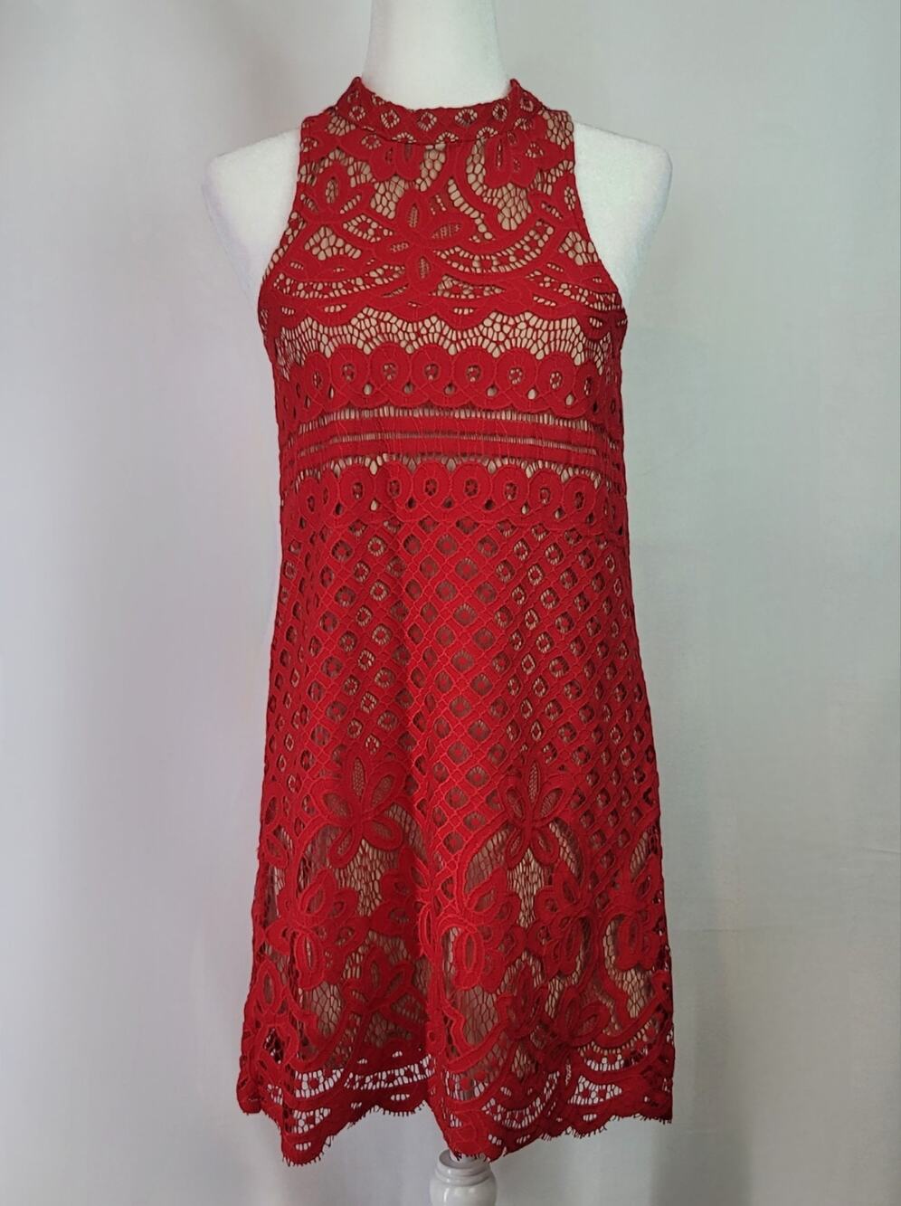 Red FRANCESCA'S Crochet Lace Halter Lined Bodycon Shift Dress Size S